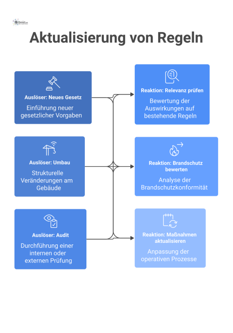 Ein Prozessdiagramm, das den Ablauf zur Aktualisierung von Regeln zeigt, unterteilt in die Spalten Auslöser und Reaktion. 