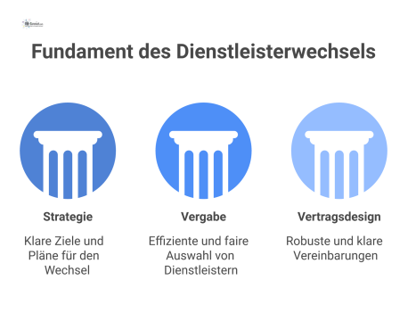 Diagramm mit drei Säulen (Strategie, Vergabe, Vertragsdesign) als Fundament für einen geordneten Start-up und zur Abwehr von Risiken. 