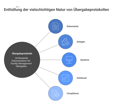 Ein Hub-and-Spoke-Diagramm zu Übergabeprotokollen im Facility Management, das verschiedene Protokollarten wie Dokumente, Anlagen und Schlüssel als Speichen darstellt. 