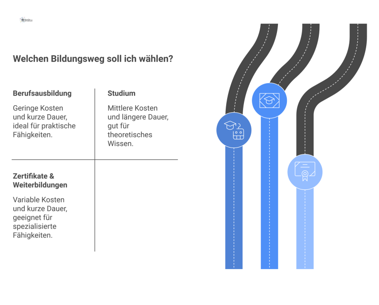 Eine Vergleichsmatrix-Infografik, die Kosten und Zeitaufwand für die Bildungswege Berufsausbildung, Studium und Weiterbildungen mit Icons gegenüberstellt.