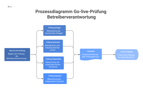 Prozessdiagramm, das die Prüffelder Anlagen, Sicherheit, Organisation und Systeme zeigt, die in einer Checkliste zur finalen Go-live Freigabe münden.