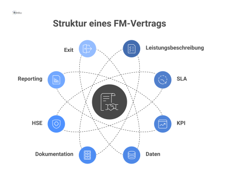 Ein Hub-and-Spoke-Diagramm zeigt den Hauptvertrag als Zentrum mit Speichen zu den Anlagen wie Leistungsbeschreibung, SLA, KPI, Daten und Dokumentation. 