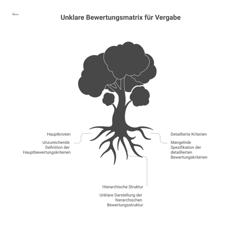 Hierarchisches Diagramm einer Bewertungsmatrix für Vergabe mit Hauptknoten wie Preis, Leistung und Personal, die sich in detaillierte Kriterien verzweigen. 