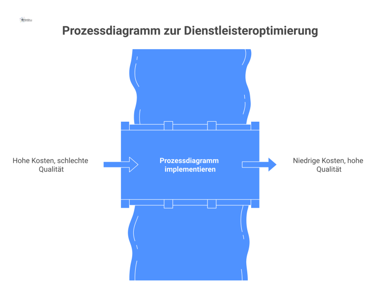 Ein Prozessdiagramm, das die drei Phasen zur Dienstleisteroptimierung zeigt: Analyse, Anforderungen und Schnittstellen, verbunden durch Pfeile und mit Icons illustriert. 