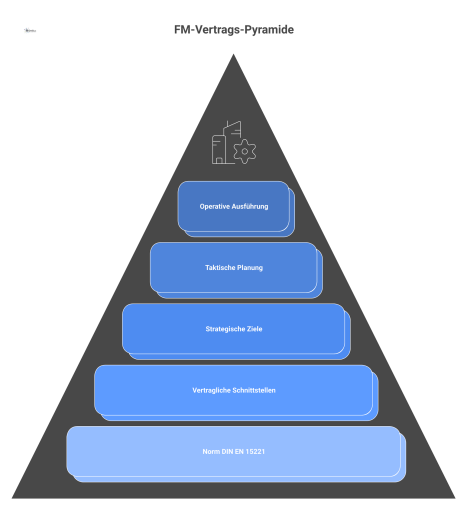 Ein Pyramidendiagramm zeigt FM-Verträge. Die Norm DIN EN 15221 bildet die Basis, darauf baut der Vertrag zwischen Auftraggeber und Auftragnehmer auf. 