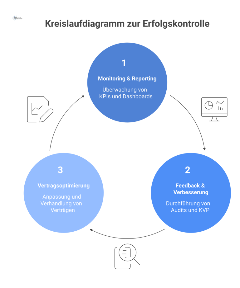 Ein Kreislaufdiagramm, das den Prozess der Erfolgskontrolle in drei Phasen darstellt: Monitoring, Feedback und Verbesserung sowie Vertragsoptimierung. 