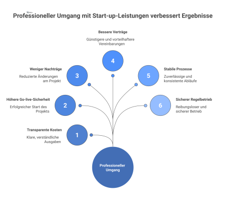 Infografik über den professionellen Umgang mit Start-up-Leistungen, der zu transparenten Kosten, höherer Go-live-Sicherheit und besseren Verträgen führt. 