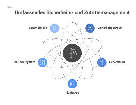 Infografik über Sicherheits- und Zutrittsmanagement, die zentrale Bereiche wie Sicherheitsbereich, Serverraum, Fluchtweg, Schlüsselsystem und Sammelstelle mit deren Bedeutung darstellt. 