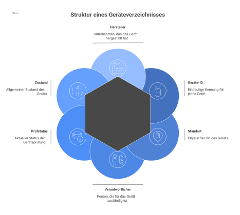 Mindmap, die das Geräteverzeichnis als zentrales Element zeigt, umgeben von Datenfeldern wie Geräte-ID, Standort und Prüfstatus.