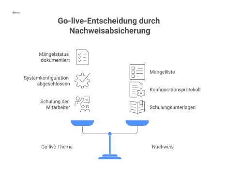 Zweispaltiges Diagramm zur Go-Live-Entscheidung. Links stehen die Aktionen, rechts die jeweils zuzuordnenden Nachweisdokumente als Voraussetzung.