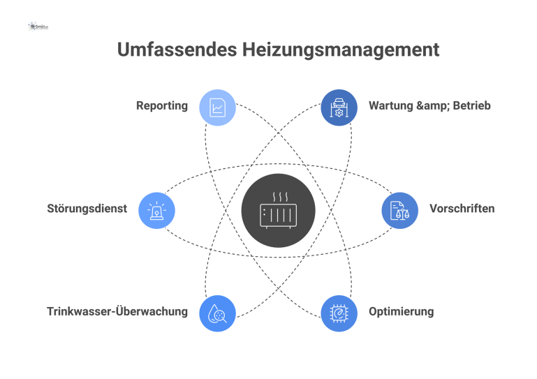 Dienstleistungen für das Management von Heizungsanlagen Infografik zum Management von Heizungsanlagen mit einem zentralen Heizkessel und sechs Icons für Dienstleisteraufgaben wie Wartung, Optimierung und Störungsdienst.