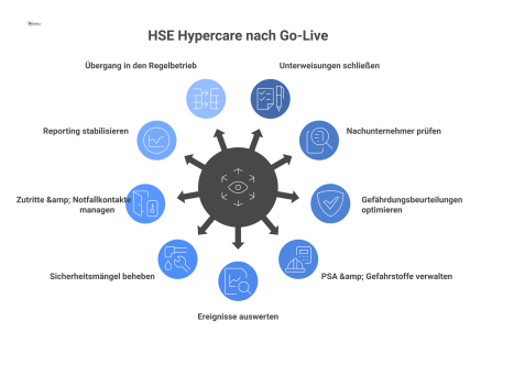 Ein Hub-and-Spoke-Diagramm mit dem zentralen Thema „HSE Hypercare nach Go-Live“ und den davon abgehenden Aufgaben wie Unterweisungen und Reporting. 