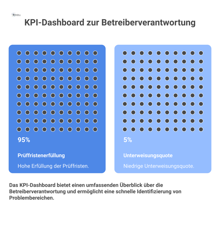 KPI-Dashboard zur Betreiberverantwortung Ein KPI-Dashboard zur Betreiberverantwortung, das Kennzahlen wie Prüffristen, Mängel, Unterweisungen und Dokumentationsstatus als moderne Infografik-Elemente darstellt.