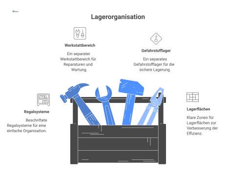 Infografik eines organisierten Lagers mit Werkstatt, die beschriftete Regale, einen Werkstattbereich, ein Gefahrstofflager und Piktogramme für Prozesse zeigt.