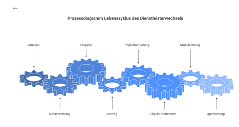Ein Prozessdiagramm, das den linearen Lebenszyklus des Dienstleisterwechsels in acht aufeinanderfolgenden Phasen von Analyse bis Optimierung darstellt.