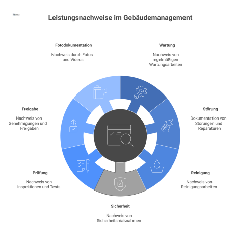  Infografik zu Leistungsnachweisen im Gebäudemanagement, mit einem zentralen Icon, umgeben von Symbolen für Wartung, Störung, Reinigung und Sicherheit. 