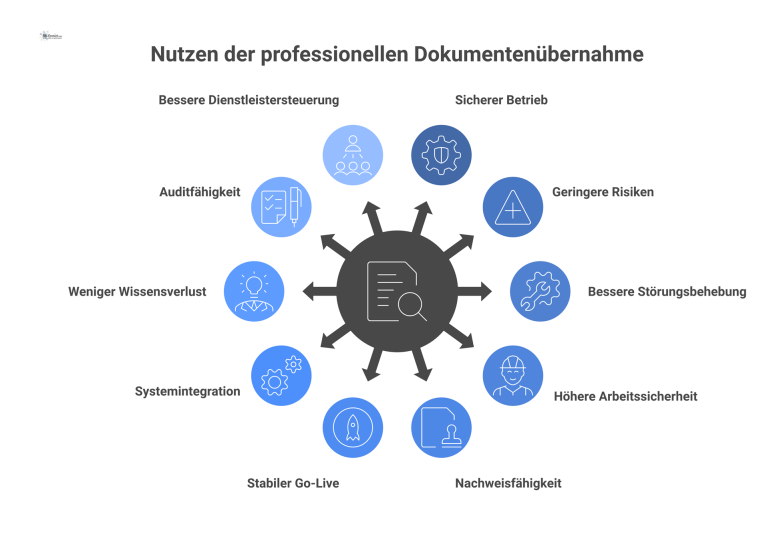 Mindmap: Professionelle Dokumentenübernahme und ihre Nutzen Eine Mindmap-Infografik zum zentralen Thema „Professionelle Dokumentenübernahme“ mit Abzweigungen zu den Hauptnutzen wie sicherer Betrieb, geringere Risiken und Auditfähigkeit.