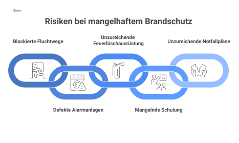 Infografik, die Risiken im Brandschutzmanagement aufzeigt, indem sie für jeden Bereich die Kette von Ursache, Folge und Gegenmaßnahme visualisiert. 