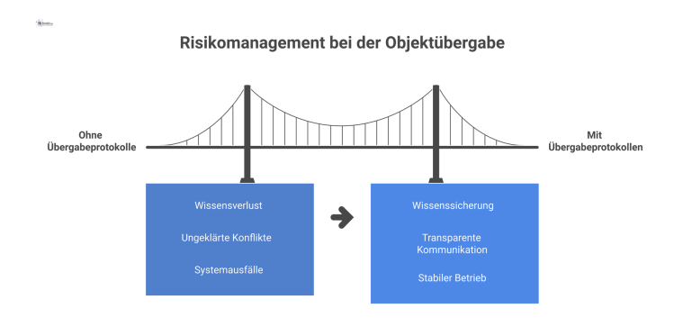 Infografik: Risiken ohne Übergabeprotokolle Infografik zeigt die Problemkette von Wissensverlust bis Systemausfall durch fehlende Protokolle und deren Lösung durch spezifische Dokumentation.