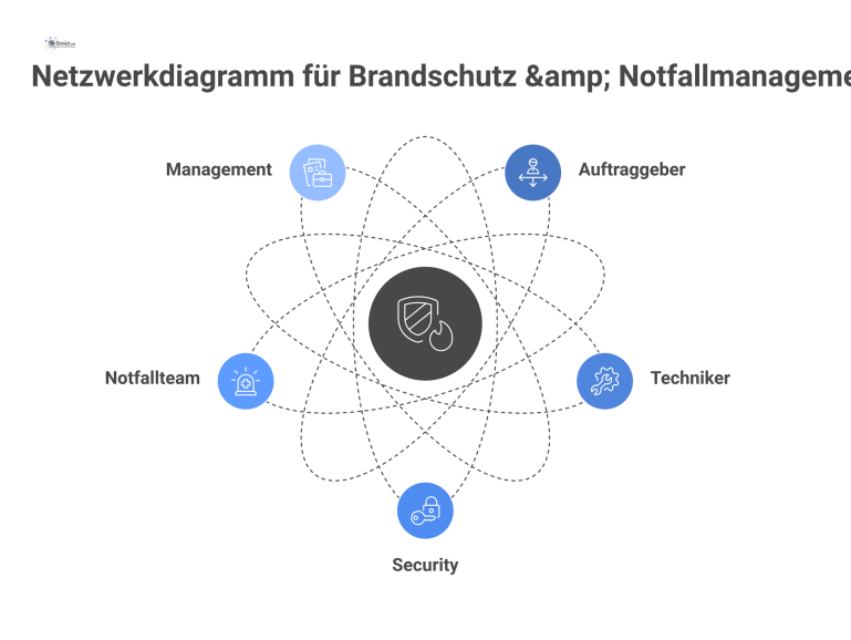 Netzwerkdiagramm: Rollen im Brandschutz & Notfallmanagement Netzwerk-Diagramm mit dem zentralen Thema 'Brandschutz', das verschiedene Rollen wie Techniker und Security als verbundene Knotenpunkte darstellt.