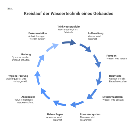 Infografik, die den Kreislauf der Wassertechnik in einem Gebäude darstellt, inklusive Trinkwasseraufbereitung, Rohrnetze, Abwassersystem und Symbole für Wartung.