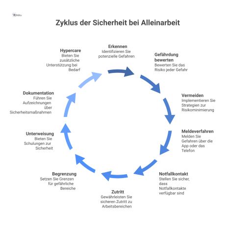 Infografik-Prozess mit einem Techniker im Zentrum, umgeben von zehn kreisförmig angeordneten Schritten mit Icons zur Sicherheit bei Alleinarbeit. 