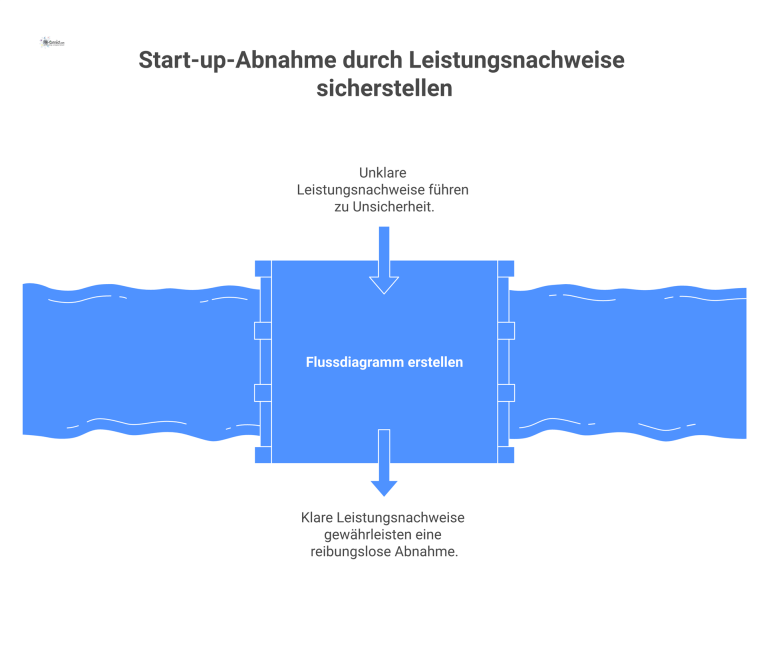 Ein chronologisches Flussdiagramm, das den Prozess der Start-up-Abnahme zeigt. Jeder Meilenstein ist mit seinem spezifischen Leistungsnachweis und einem Business-Icon verknüpft. 