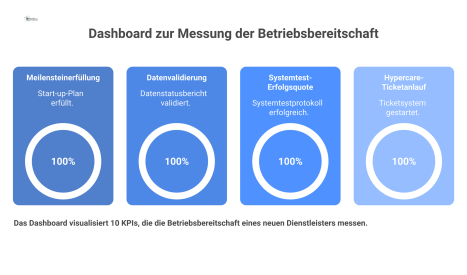 Ein Dashboard mit 10 KPIs, die die Betriebsbereitschaft eines neuen Dienstleisters messen, inklusive Meilensteinerfüllung, Datenvalidierung und Systemtest-Erfolgsquote.