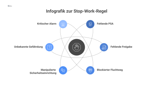 Infografik mit einem zentralen Stoppschild, umgeben von Icons für Auslöser wie fehlende PSA, blockierter Fluchtweg und kritischer Alarm.