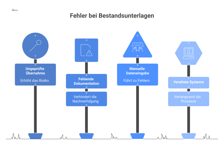 Fehler und Lösungen bei Bestandsunterlagen Infografik-Tabelle zum Management von Bestandsunterlagen mit drei Spalten für Fehler, deren negative Folgen und die passenden Lösungen.