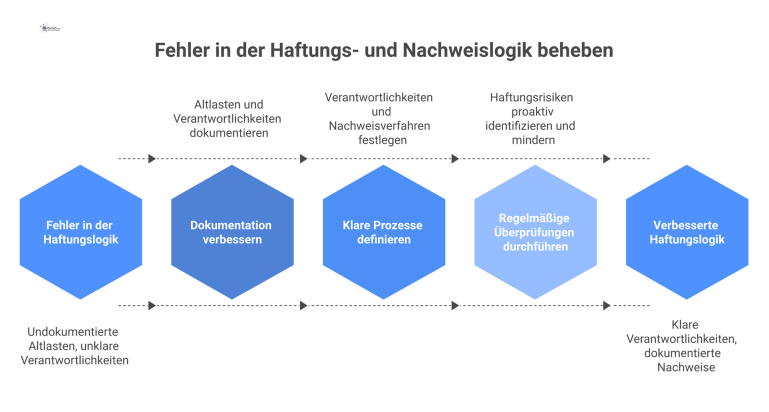 Fehler in der Haftungs- und Nachweislogik Infografik zur Haftungslogik, die in drei Spalten typische Fehler, deren Folgen und die jeweiligen Vermeidungsstrategien mit Pfeilen darstellt.