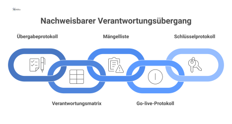 Infografik mit einem zentralen Icon für 'Verantwortung', verbunden durch Pfeile mit Icons für Nachweisdokumente wie Übergabeprotokoll und Verantwortungsmatrix.