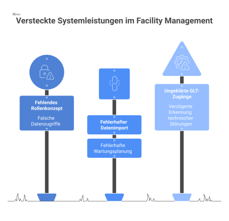  Infografik, die versteckte Systemleistungen im Facility Management visualisiert und pro Leistung das jeweilige Risiko bei Vernachlässigung mit Pfeilen darstellt.
