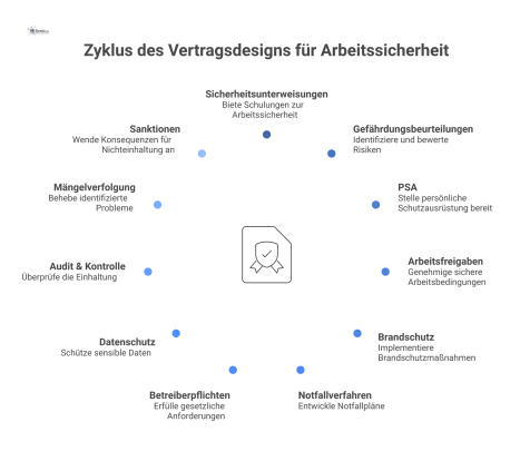 Mindmap mit dem zentralen Knoten „Vertrag“ und davon ausgehenden Ästen zu Arbeitssicherheit, wie Gefährdungsbeurteilungen, PSA und Brandschutz.