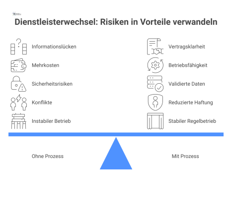 Infografik, die die Risiken ohne Prozess den Vorteilen mit einem professionellen Prozess beim Dienstleisterwechsel gegenüberstellt. 